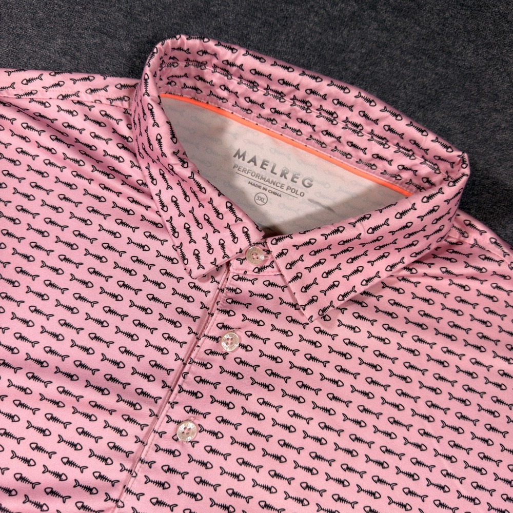 Maelreg Performance Polo Mens 3XL Pink Fish Bone Print Short Sleeve Golf Shirt